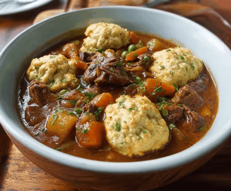 Hearty beef stew with tender meat, vegetables, and fluffy dumplings served in a rustic bowl