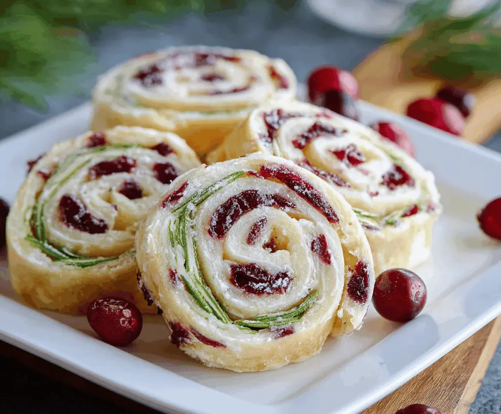 Festive Christmas cranberry pinwheels with colorful swirls and fresh cranberries on a holiday-themed plate.