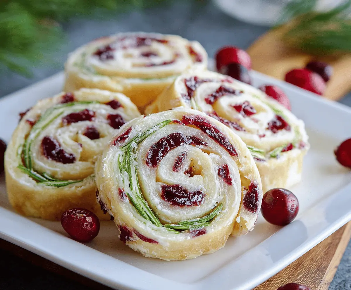 Festive Christmas cranberry pinwheels with colorful swirls and fresh cranberries on a holiday-themed plate.