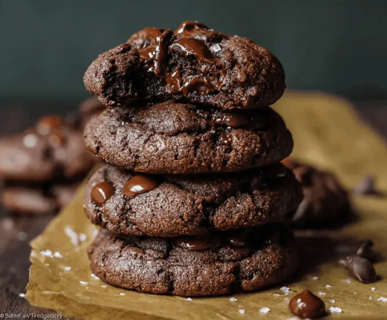 Delicious homemade double chocolate cookies with rich, gooey chocolate chunks on a white plate, perfect for chocolate lovers