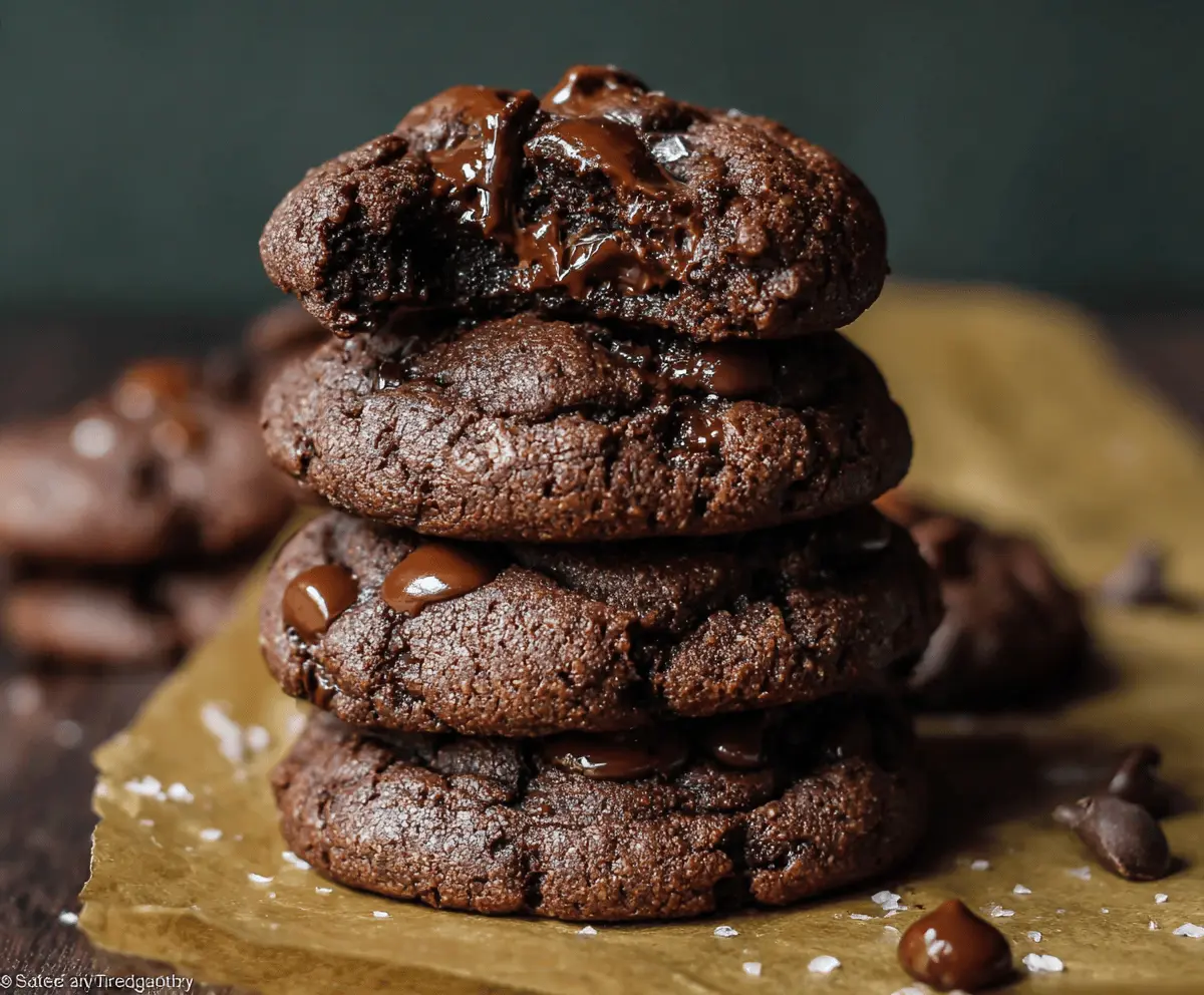 Delicious homemade double chocolate cookies with rich, gooey chocolate chunks on a white plate, perfect for chocolate lovers