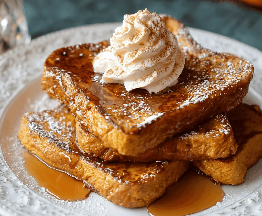 Delicious fall-inspired pumpkin French toast topped with whipped cream and cinnamon, perfect for a cozy breakfast.