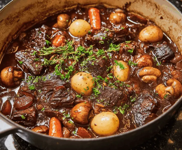 Hearty French Beef Bourguignon in a rustic stew bowl with tender beef, carrots, mushrooms, and red wine sauce garnished with fresh herbs.