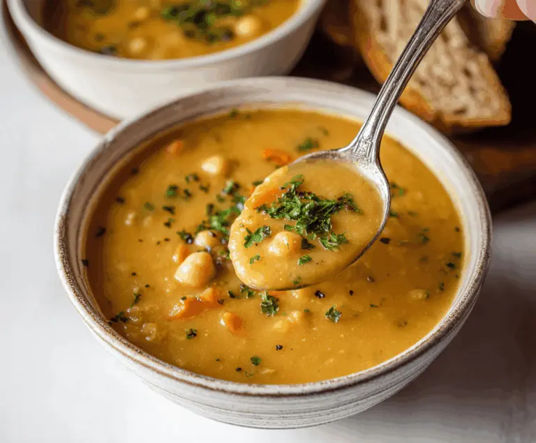 Creamy garlic chickpea soup in a bowl topped with fresh herbs and a slice of crusty bread, perfect for a comforting vegetarian meal.