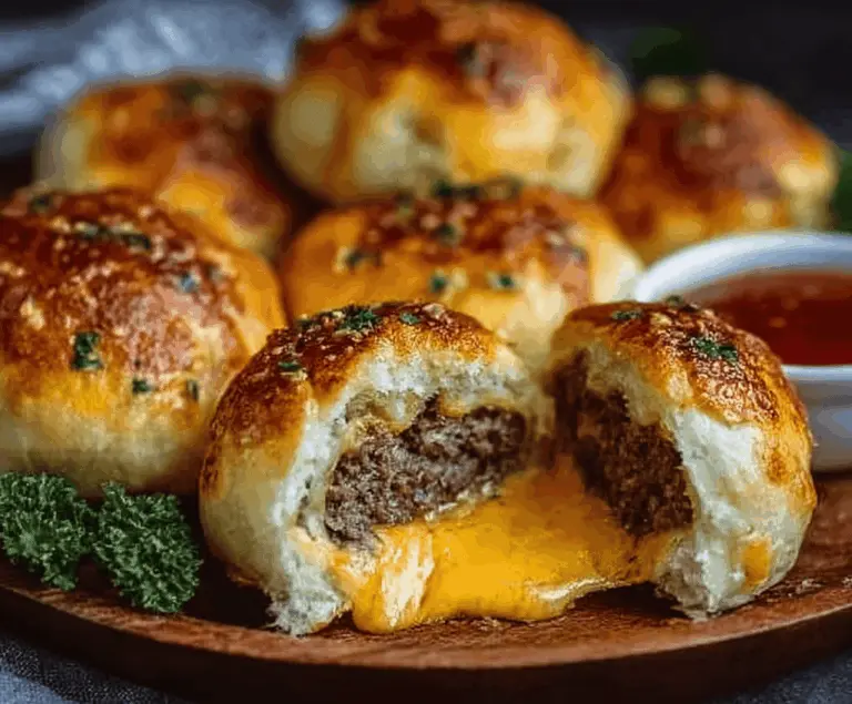 Delicious Garlic Parmesan Cheeseburger Bombs with melted cheese, crispy bacon, and fresh herbs served on a white plate