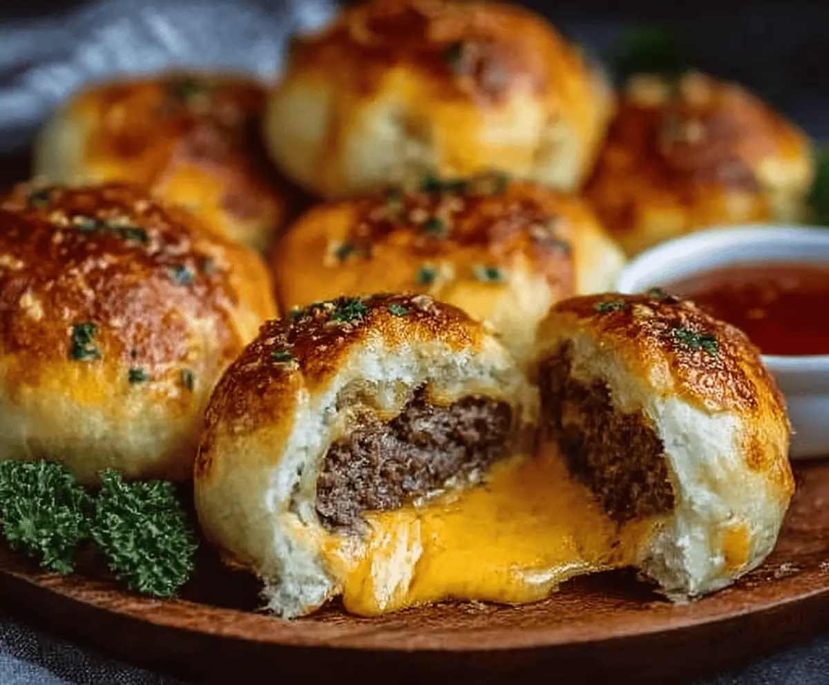 Delicious Garlic Parmesan Cheeseburger Bombs with melted cheese, crispy bacon, and fresh herbs served on a white plate