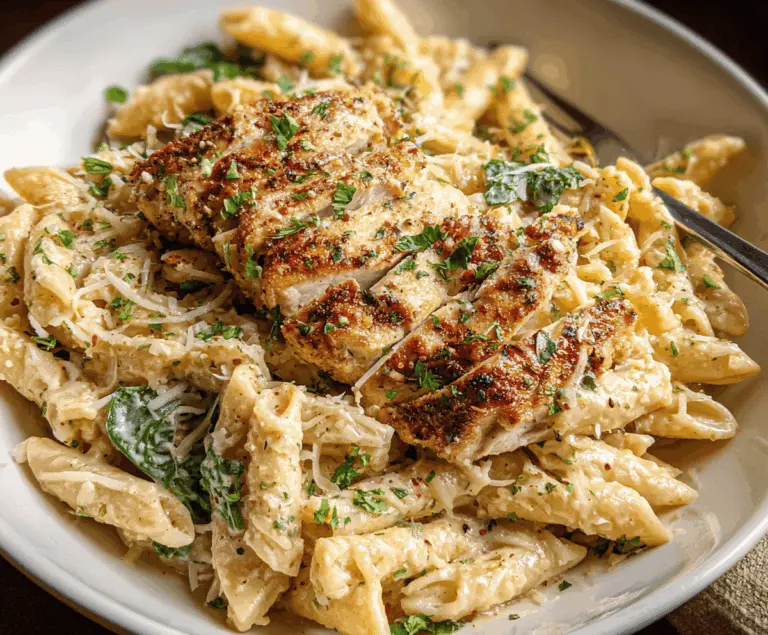 Creamy Garlic Parmesan Chicken Pasta served on a white plate, topped with freshly grated Parmesan cheese and chopped parsley.