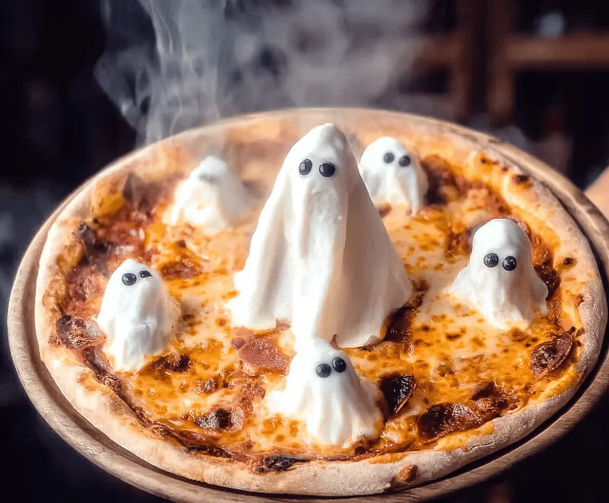Delicious ghost-shaped pizza topped with cheese and pepperoni, perfect for Halloween-themed parties and spooky fun