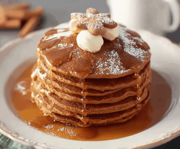 Delicious gingerbread pancakes topped with whipped cream and spices on a festive table.