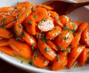Bright glazed carrots topped with fresh herbs, served on a white plate, ready to enjoy as a delicious side dish