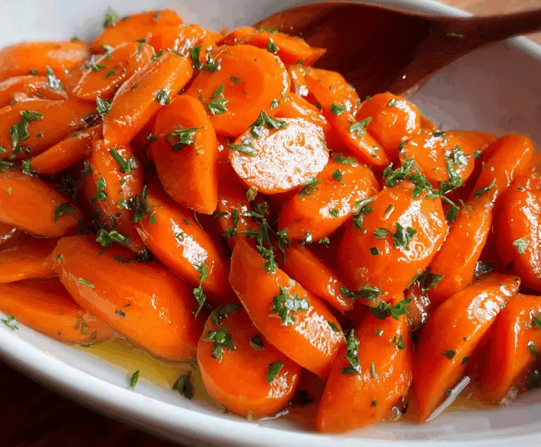 Bright glazed carrots topped with fresh herbs, served on a white plate, ready to enjoy as a delicious side dish