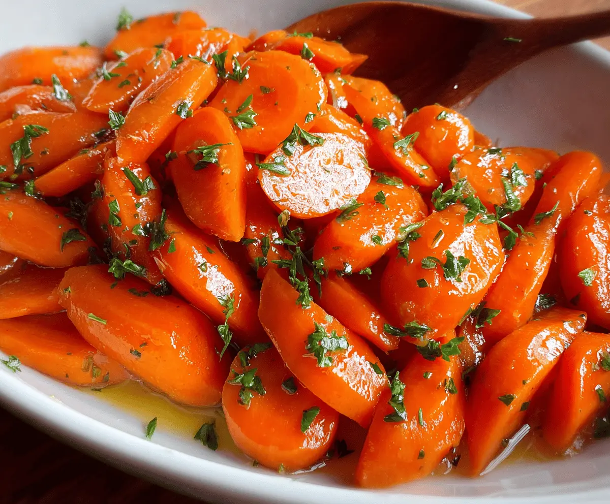 Bright glazed carrots topped with fresh herbs, served on a white plate, ready to enjoy as a delicious side dish