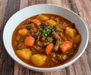 A hearty bowl of Grandma's Ground Beef Stew with tender beef, vegetables, and savory broth served in a rustic ceramic bowl.