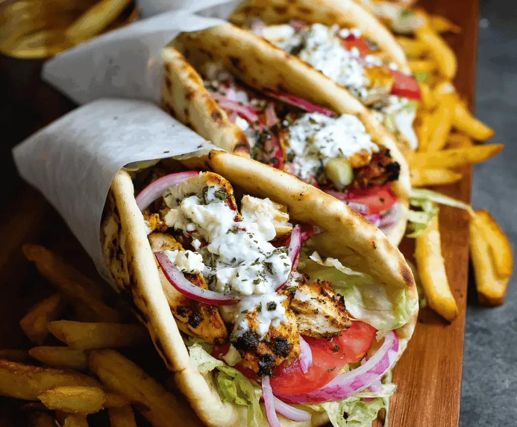 Delicious Greek Chicken Gyros wrapped in pita bread with fresh vegetables and creamy sauce.