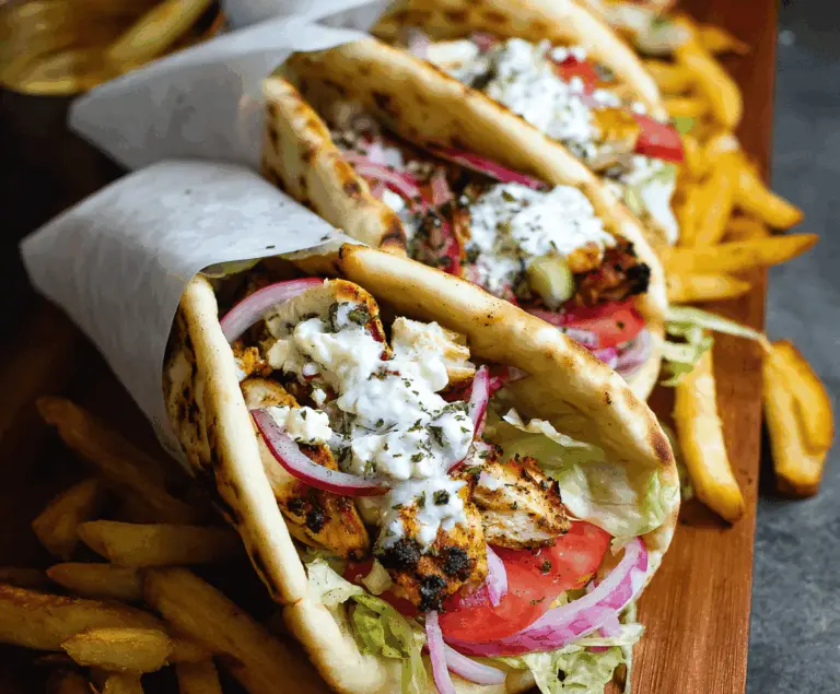 Delicious Greek Chicken Gyros wrapped in pita bread with fresh vegetables and creamy sauce.