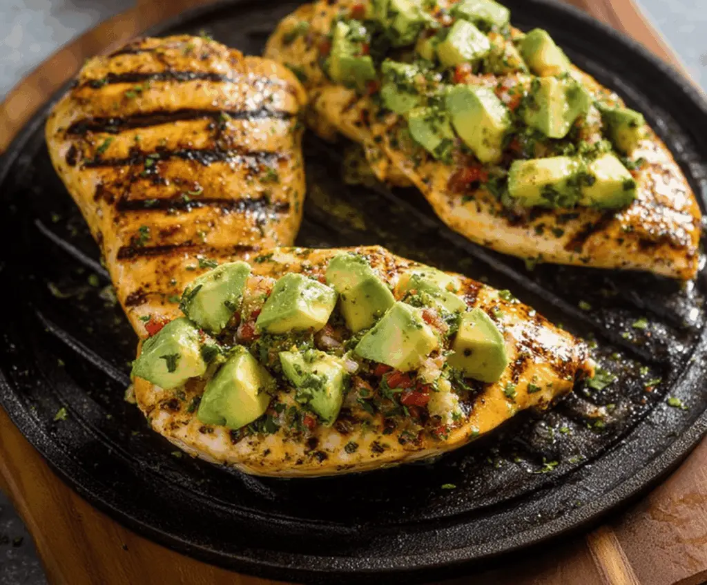 Delicious grilled avocado chicken served with fresh herbs and lemon wedges, perfect for a healthy summer meal.