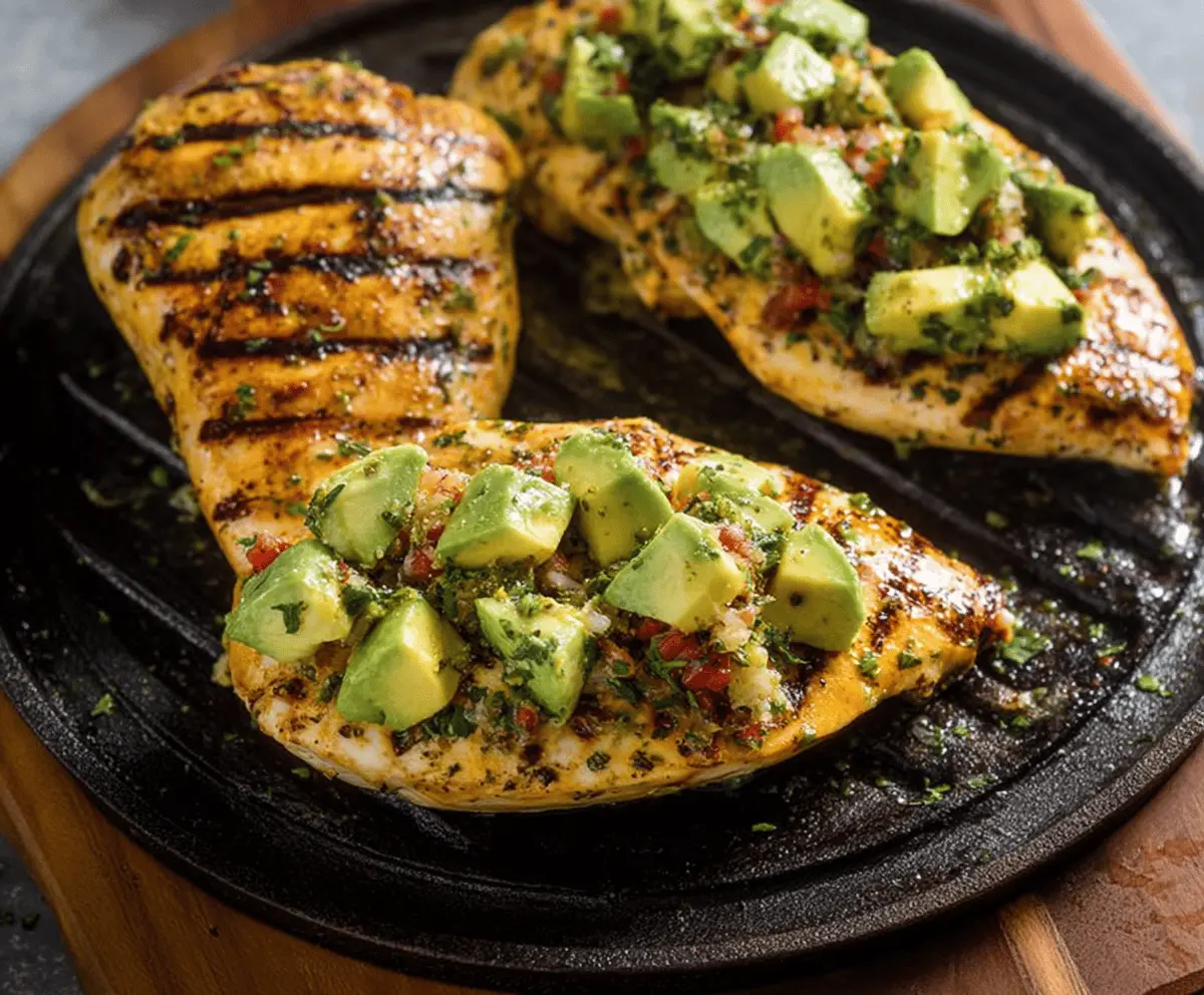 Delicious grilled avocado chicken served with fresh herbs and lemon wedges, perfect for a healthy summer meal.