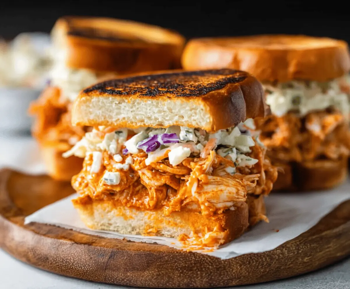 Delicious grilled buffalo chicken sandwiches topped with fresh grinder slaw on toasted buns, served with a side of crispy fries