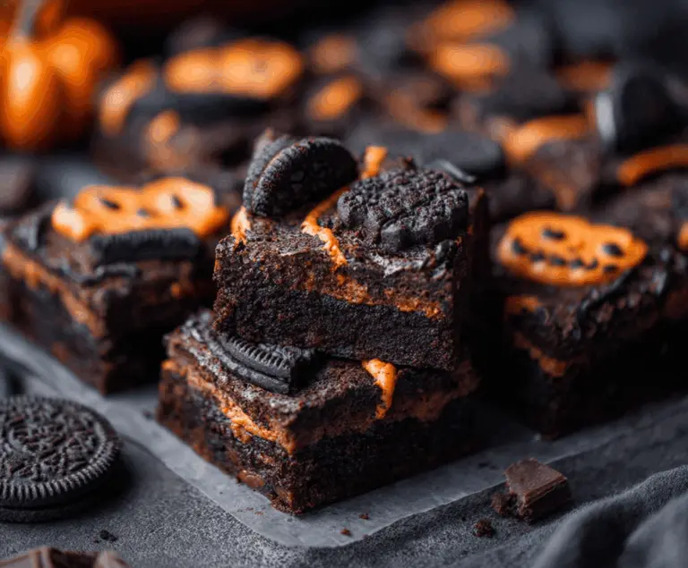 Delicious Halloween Oreo Brownies topped with spooky decorations for a festive treat