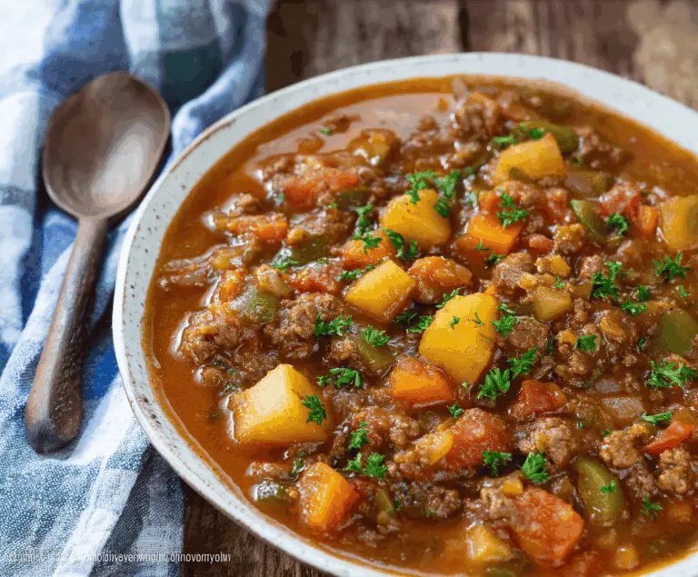 A hearty bowl of homemade Hamburger Stew with ground beef, potatoes, carrots, celery, and peas served in a rustic bowl for a comforting meal.