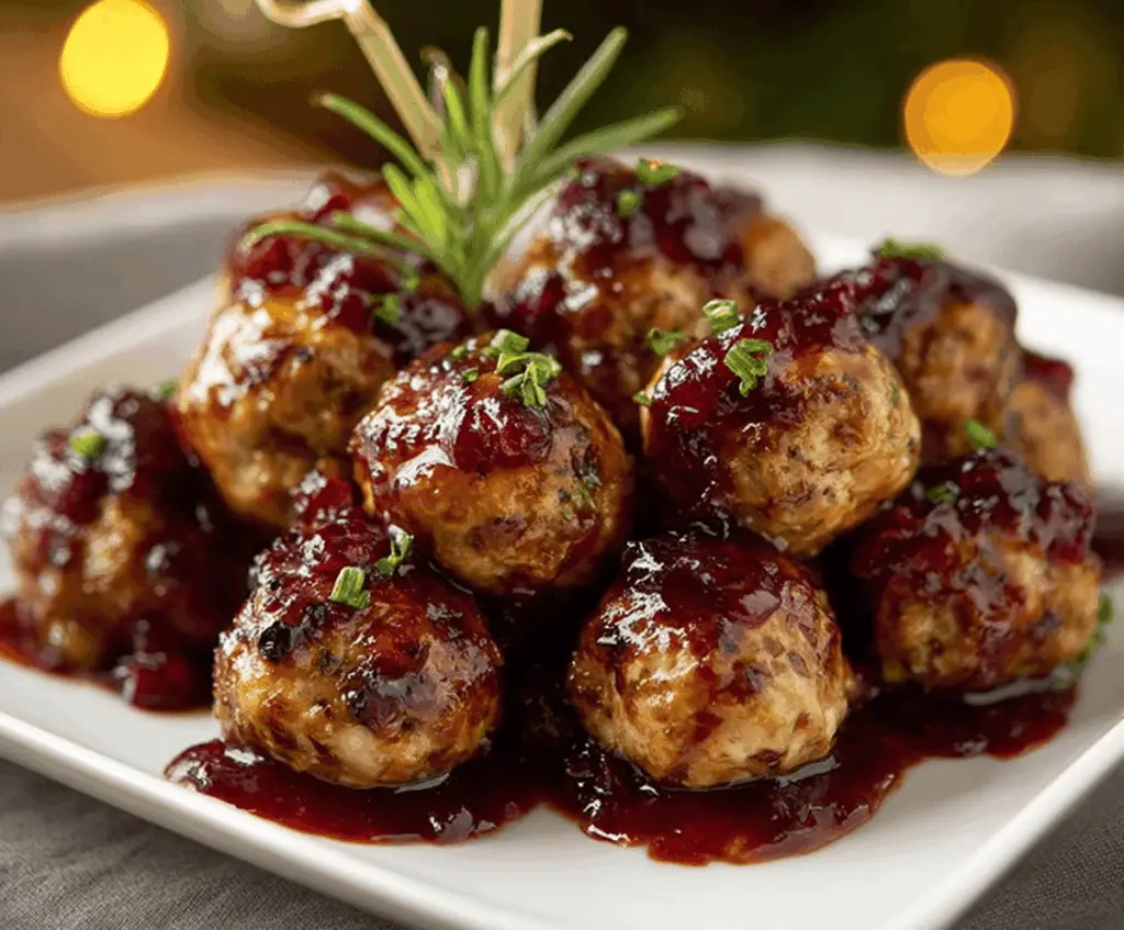 Delicious Harvest Turkey Meatballs topped with a glossy Cranberry Glaze on a festive platter, perfect for fall meals and holiday gatherings.