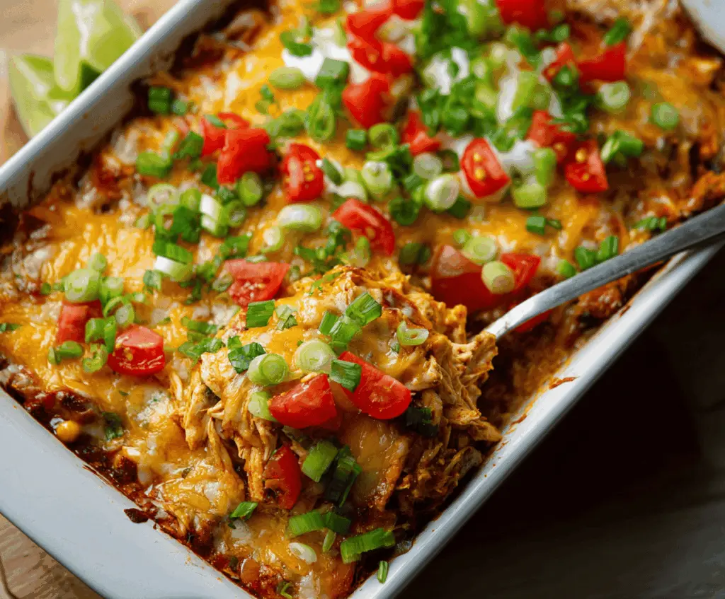 Delicious healthy chicken taco casserole topped with melted cheese, fresh lettuce, diced tomatoes, and sliced jalapenos in a baking dish