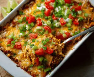 Delicious healthy chicken taco casserole topped with melted cheese, fresh lettuce, diced tomatoes, and sliced jalapenos in a baking dish