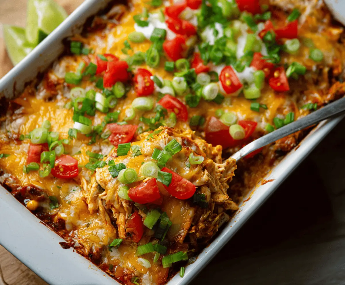 Delicious healthy chicken taco casserole topped with melted cheese, fresh lettuce, diced tomatoes, and sliced jalapenos in a baking dish