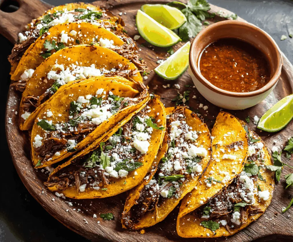 Delicious homemade birria tacos with tender beef, melted cheese, and fresh toppings on a crispy tortilla