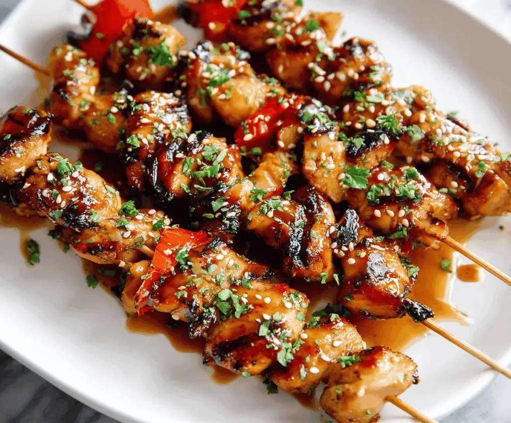Juicy honey garlic chicken skewers grilled to perfection, garnished with fresh herbs and served with a side of vegetables.