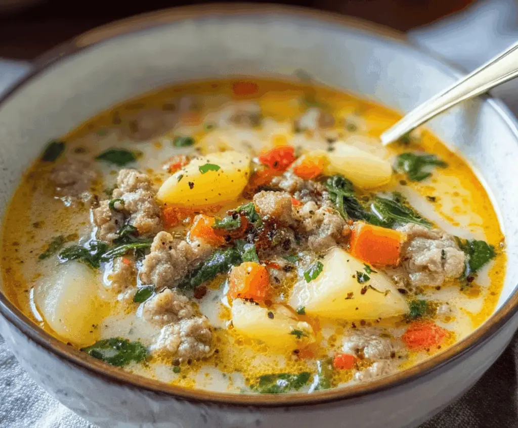 A bowl of hearty Italian sausage and potato soup garnished with fresh herbs, showcasing chunks of sausage, tender potatoes, and a creamy broth.