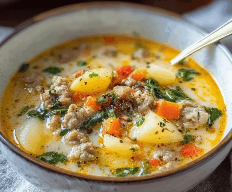 A bowl of hearty Italian sausage and potato soup garnished with fresh herbs, showcasing chunks of sausage, tender potatoes, and a creamy broth.