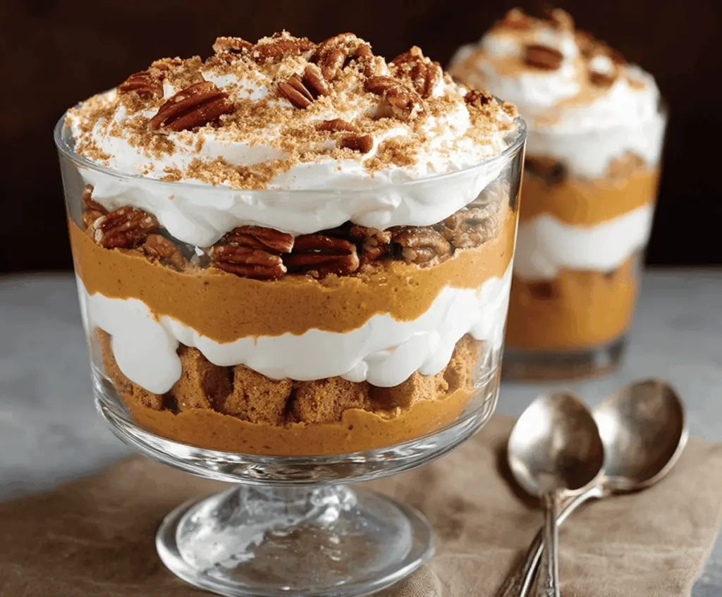 Delicious Maple Pecan & Pumpkin Cheesecake Trifle layered with creamy cheese, ripe pumpkin, crunchy pecans, and maple syrup.
