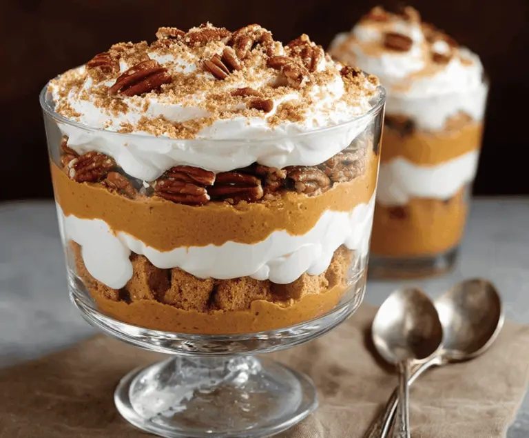 Delicious Maple Pecan & Pumpkin Cheesecake Trifle layered with creamy cheese, ripe pumpkin, crunchy pecans, and maple syrup.