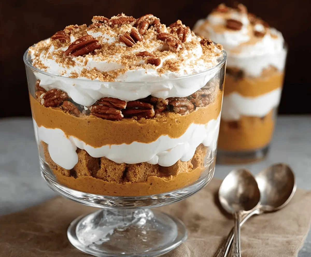 Delicious Maple Pecan & Pumpkin Cheesecake Trifle layered with creamy cheese, ripe pumpkin, crunchy pecans, and maple syrup.