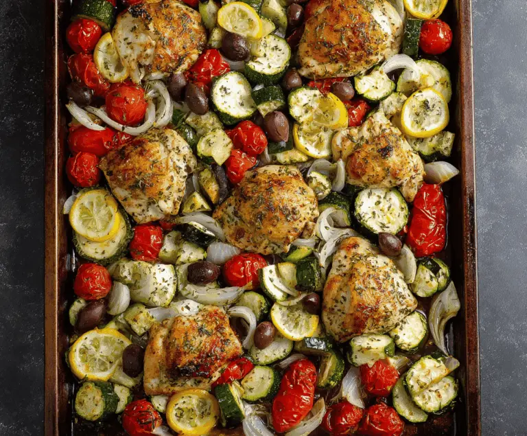 Delicious Mediterranean Chicken and Zucchini Sheet Pan meal with colorful vegetables and herbs, perfect for a healthy dinner