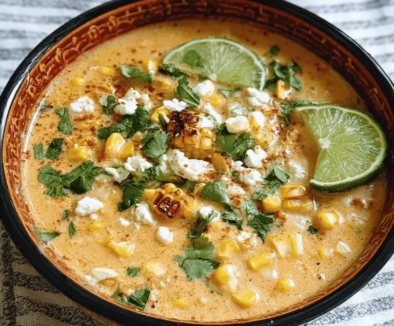 Creamy Mexican street corn soup served in a crockpot, featuring corn, cheese, chili powder, and fresh herbs for a flavorful comfort meal.