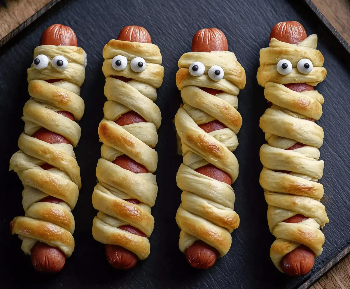 Cute mummy hot dogs wrapped in crescent roll bandages with googly eyes, perfect for Halloween party snacks.