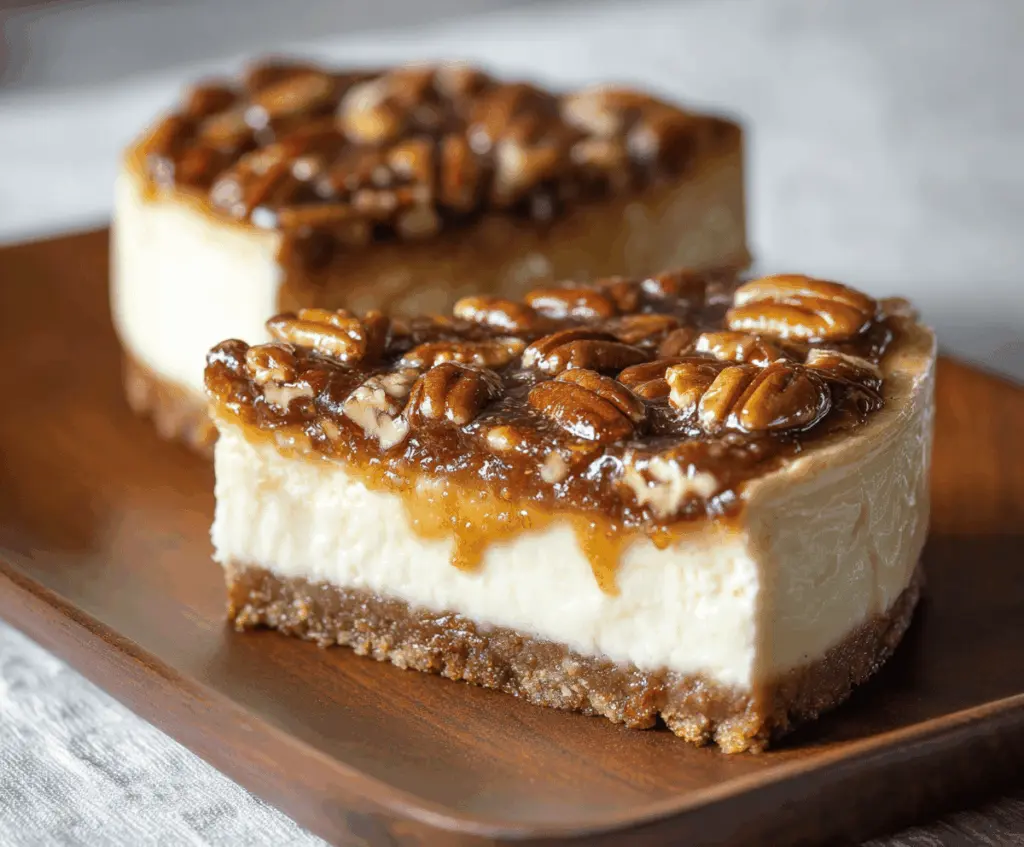 Delicious Pecan Pie Cheesecake with a golden crust and a rich pecan topping.