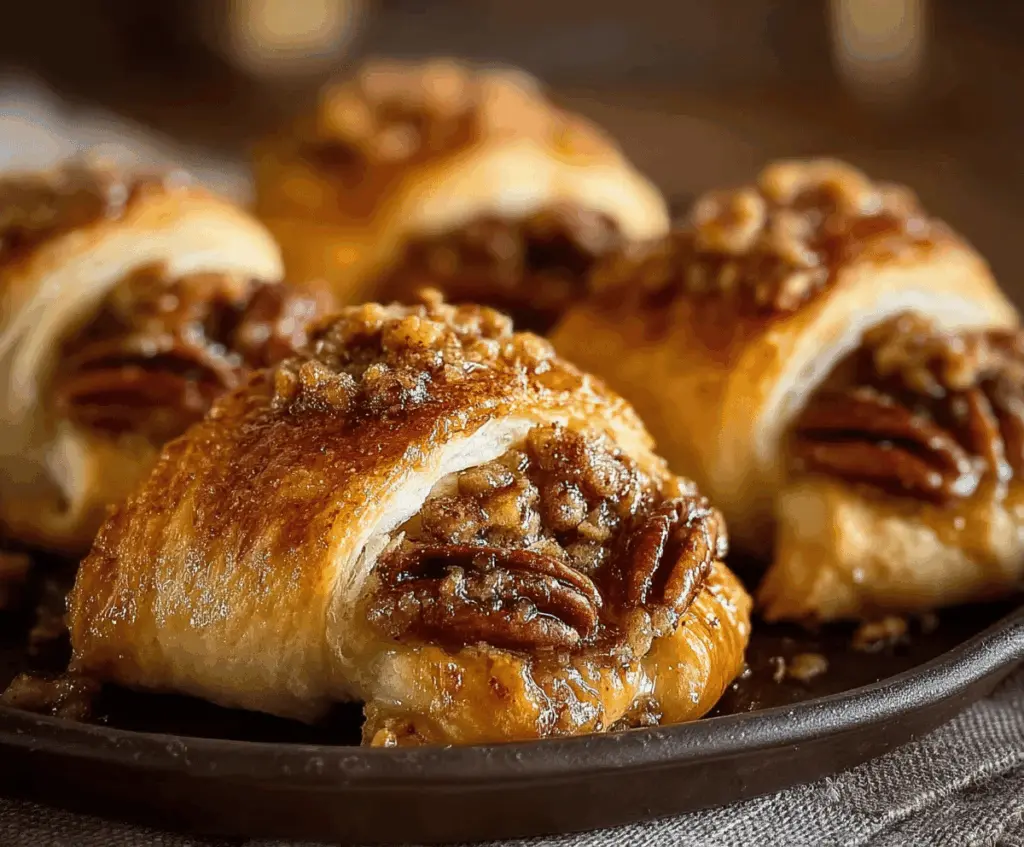 Golden Pecan Pie Crescent Rolls topped with crunchy pecans and drizzled caramel, perfect for a sweet treat
