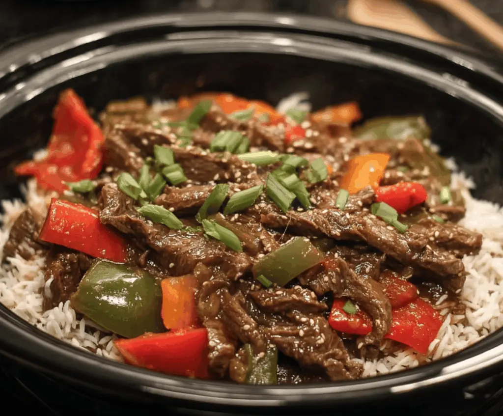 Delicious homemade Pepper Steak cooked in a Crock Pot, featuring tender beef, colorful bell peppers, and savory sauce.