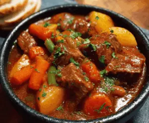 Hearty Pioneer Woman's Crockpot Beef Stew with tender beef chunks, vegetables, and rich broth served in a rustic bowl.