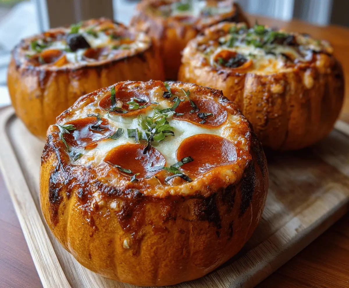 Delicious Pizza-Stuffed Pumpkins with melted cheese, tomato sauce, and savory toppings served inside hollowed-out roasted pumpkins, perfect for a festive fall appetizer.