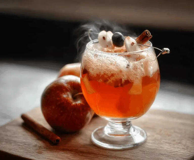 A festive glass of Poisoned Apple Cider garnished with a cinnamon stick and apple slices, perfect for fall celebrations.