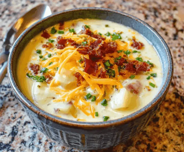 Creamy potato soup in a bowl topped with chives and shredded cheese, perfect for a comforting homemade recipe.
