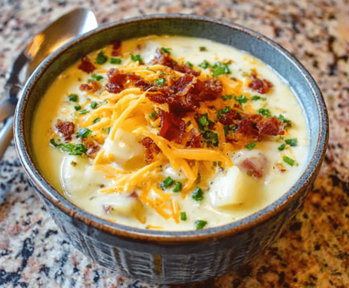 Creamy potato soup in a bowl topped with chives and shredded cheese, perfect for a comforting homemade recipe.