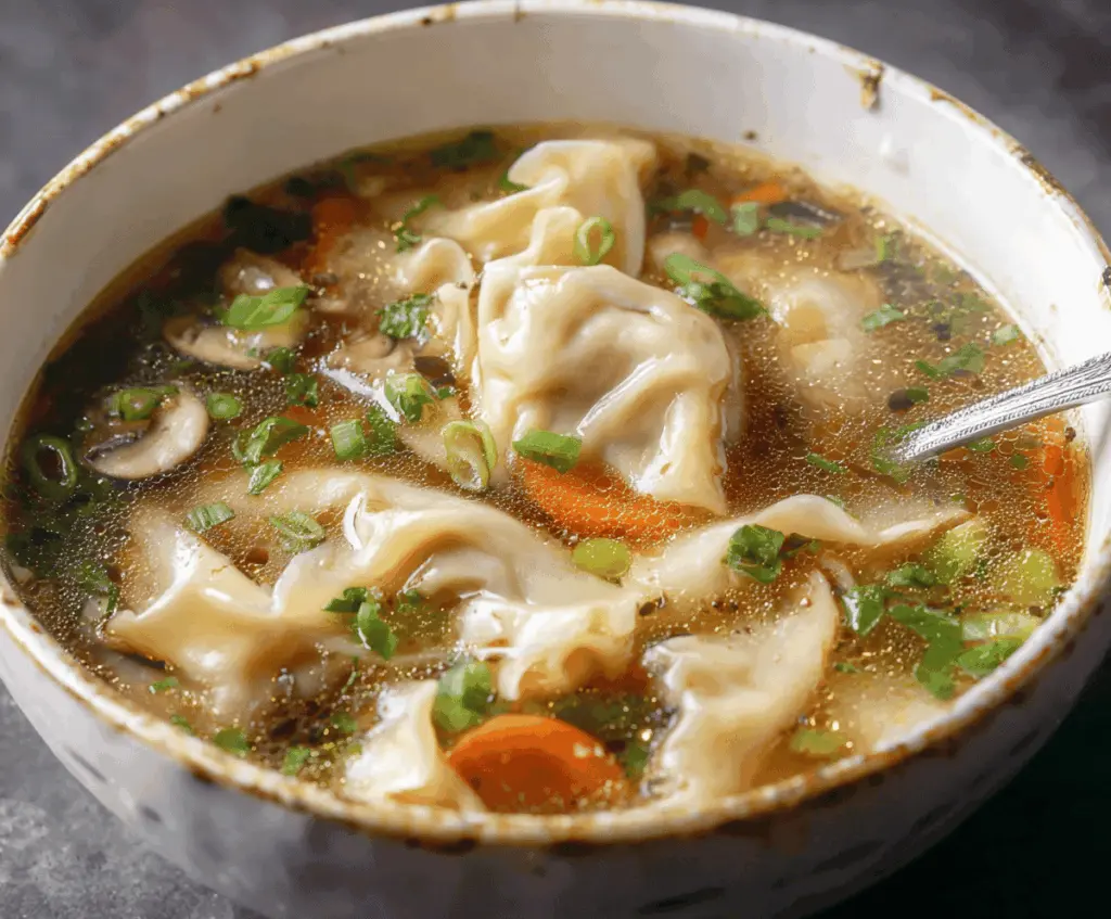 A steaming bowl of potsticker soup featuring crispy potstickers garnished with chopped green onions and fresh herbs in a savory broth.