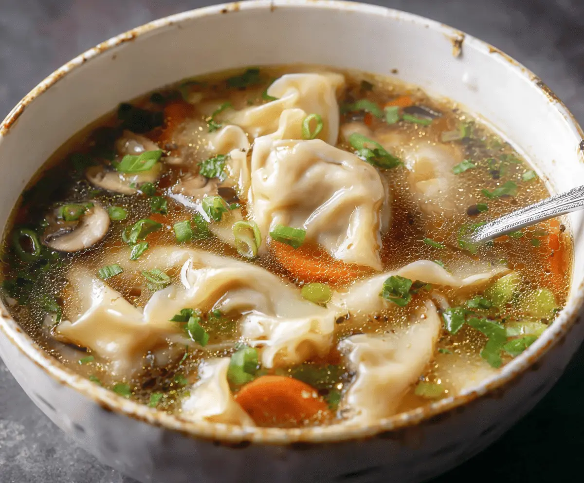 A steaming bowl of potsticker soup featuring crispy potstickers garnished with chopped green onions and fresh herbs in a savory broth.