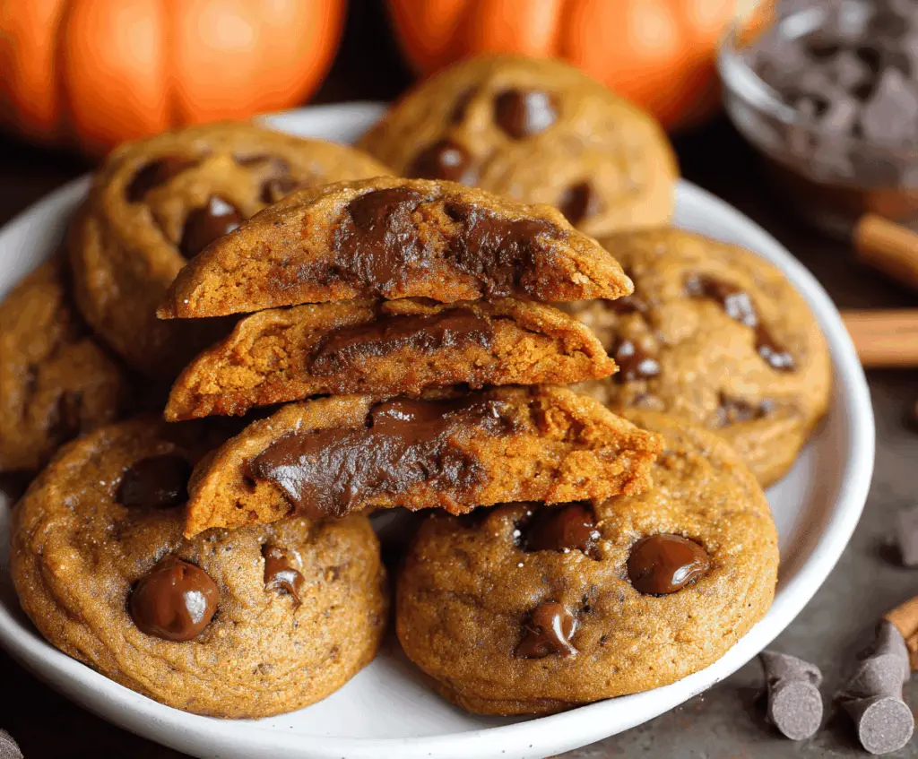 Delicious homemade pumpkin chocolate chip cookies with melted chocolate chips and a soft, chewy texture, perfect for fall baking