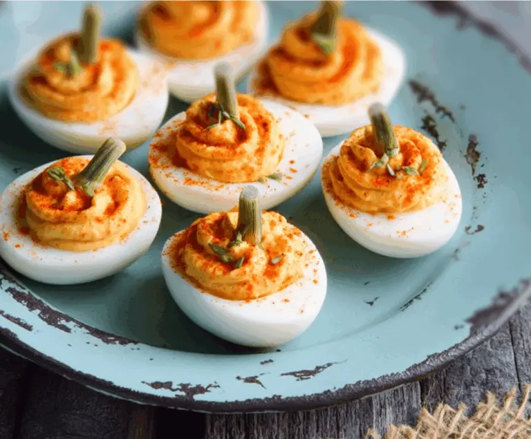 Decorative pumpkin-shaped deviled eggs arranged on a platter, perfect for fall and Halloween parties